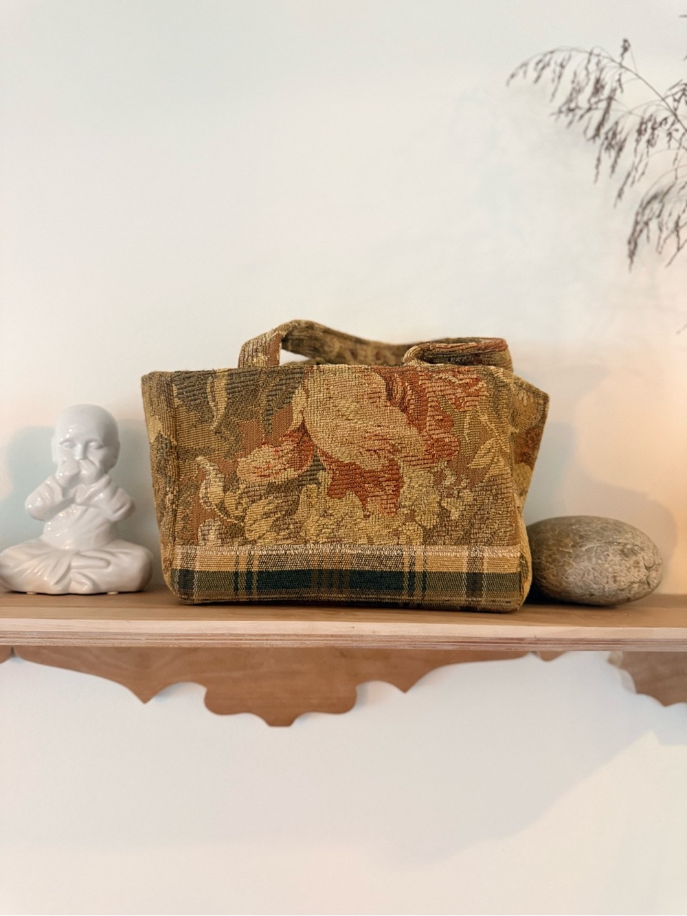 Vintage 90s Tapestry Floral Tote Bag Plaid Bottom Trim - Grandmacore 12x8”
